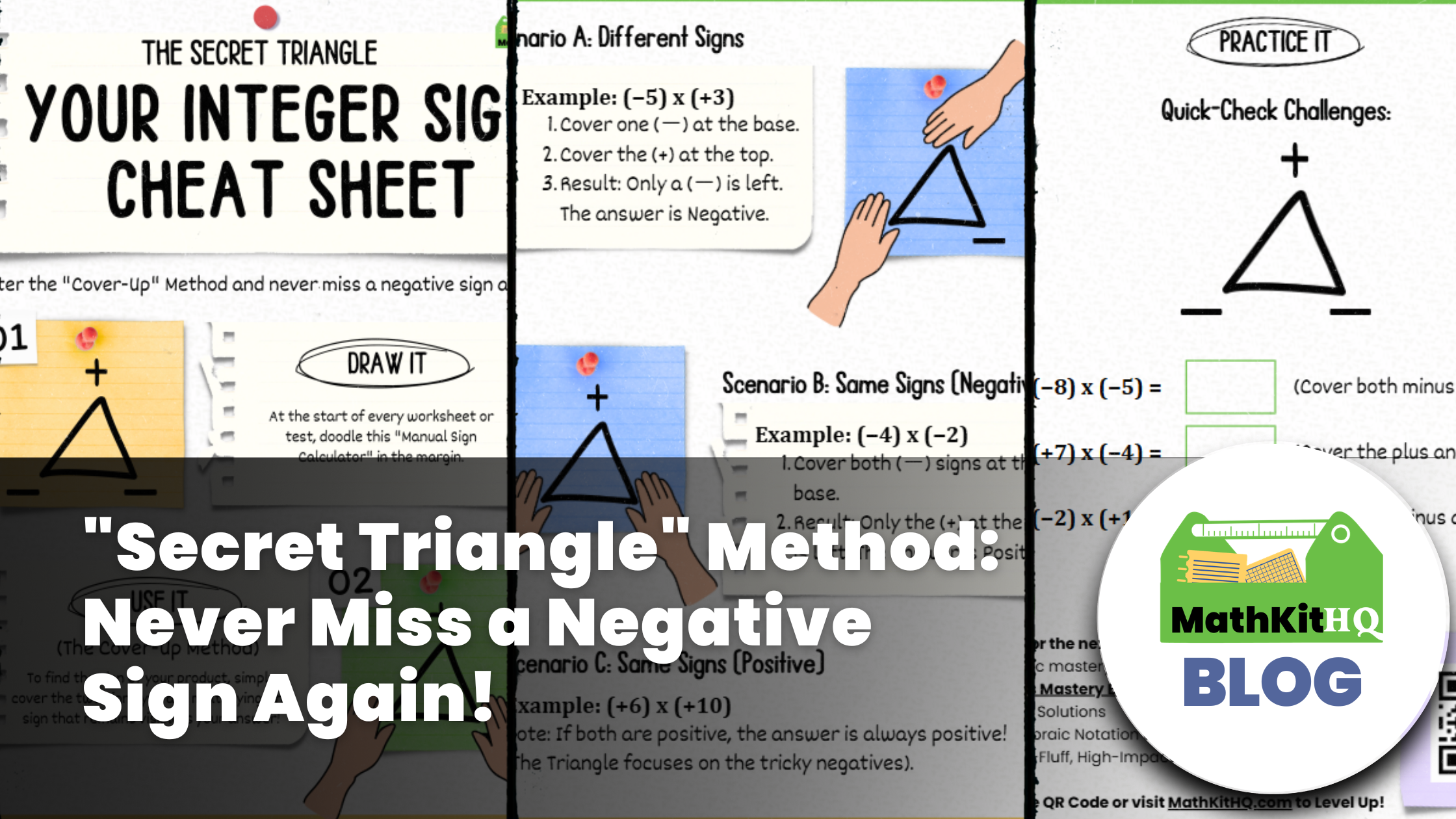 nteger multiplication triangle diagram showing negative signs at the base and a positive sign at the top.
